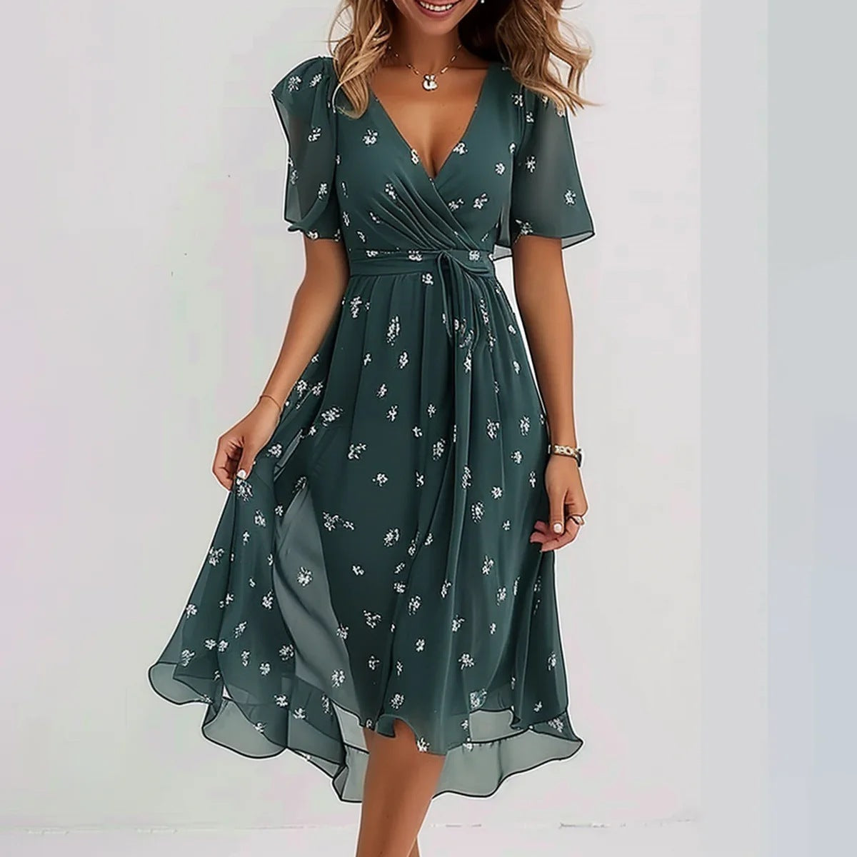 Chiffon Printed Short-Sleeve Dress