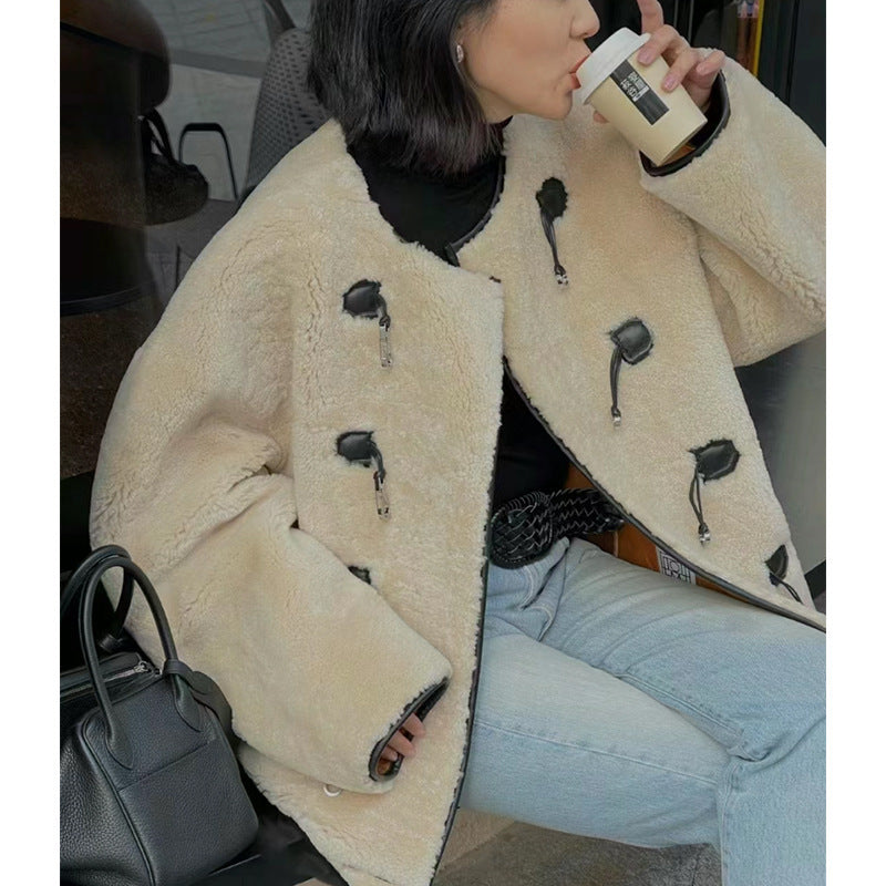 New Metal Leather Ring Fur Stitching Coat