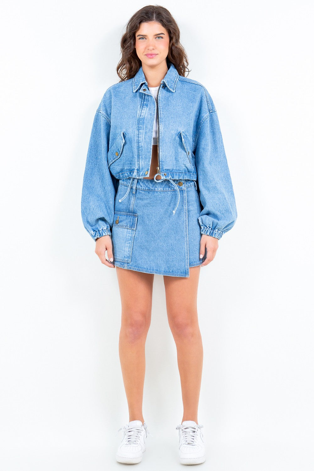 American Bazi Drawstring Waist Crop Denim Jacket - US Only