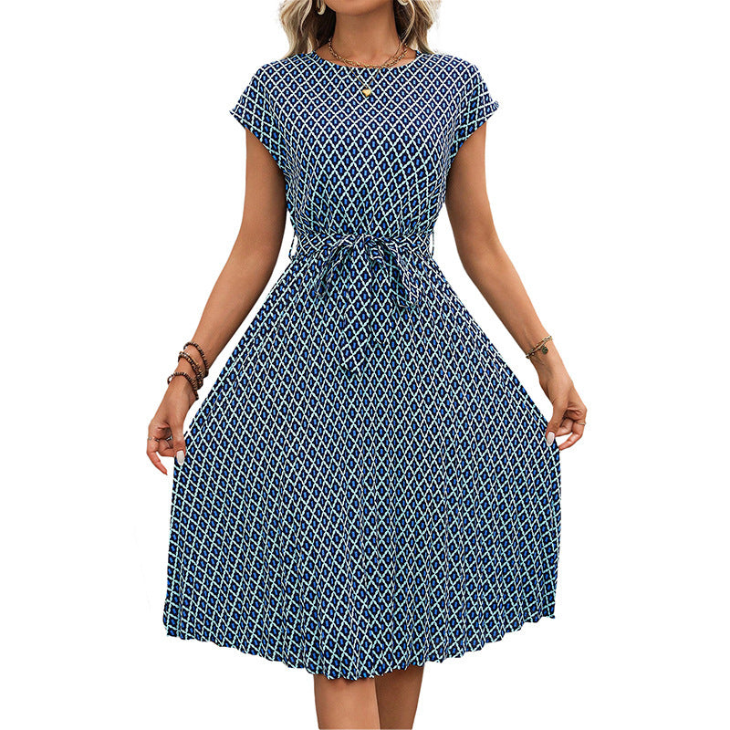 Lace-Up Flying-Sleeves Printed Round-Neck Dress