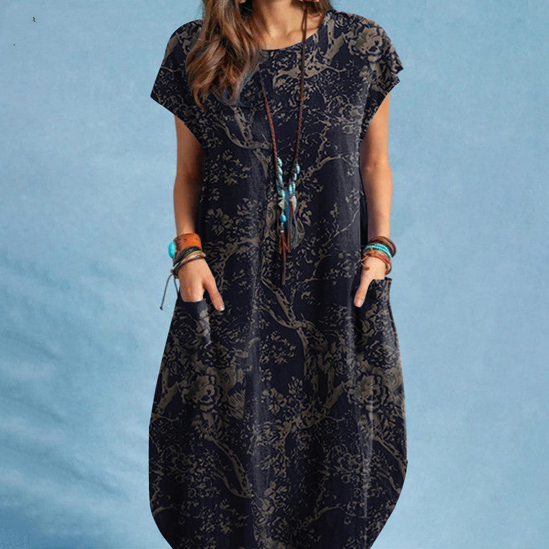 Women's New Fashion Cotton & Linen Plant Print Round-Neck Pocket Short-Sleeve Casual Dress