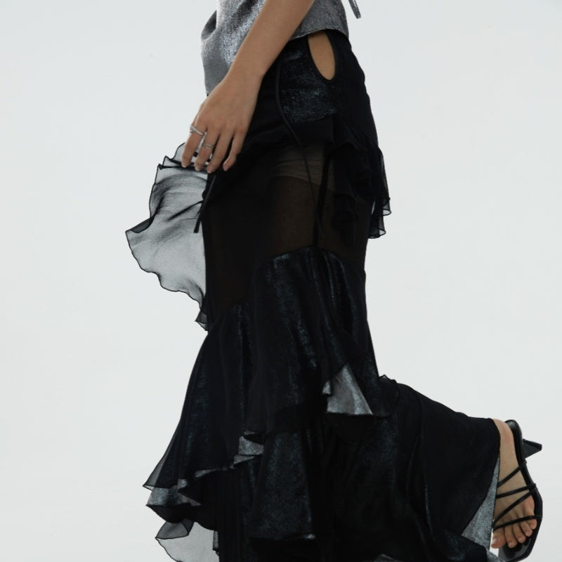 Irregular Ruffled Stitching See-Through Skirt