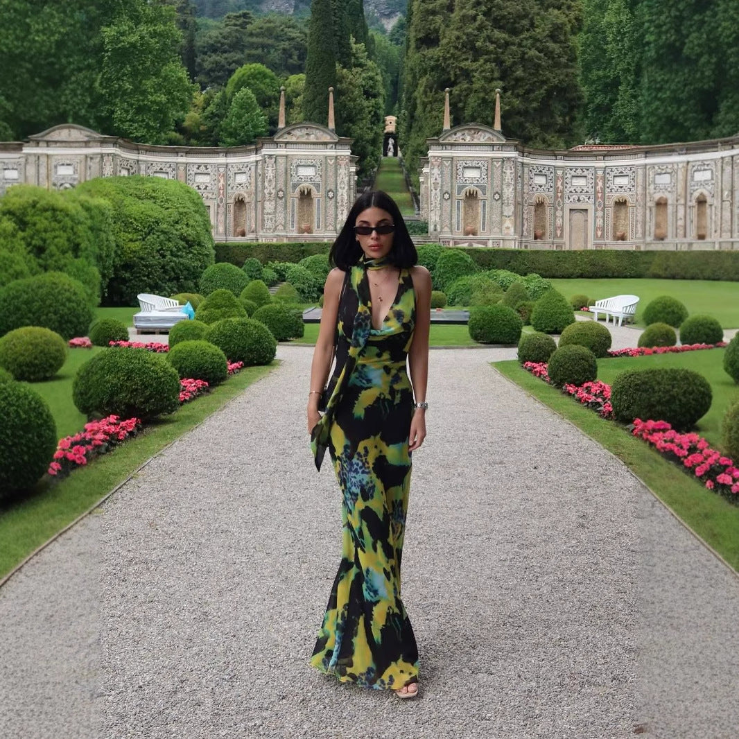 Halter Scarf-Decorated V-Neck Printed Dress