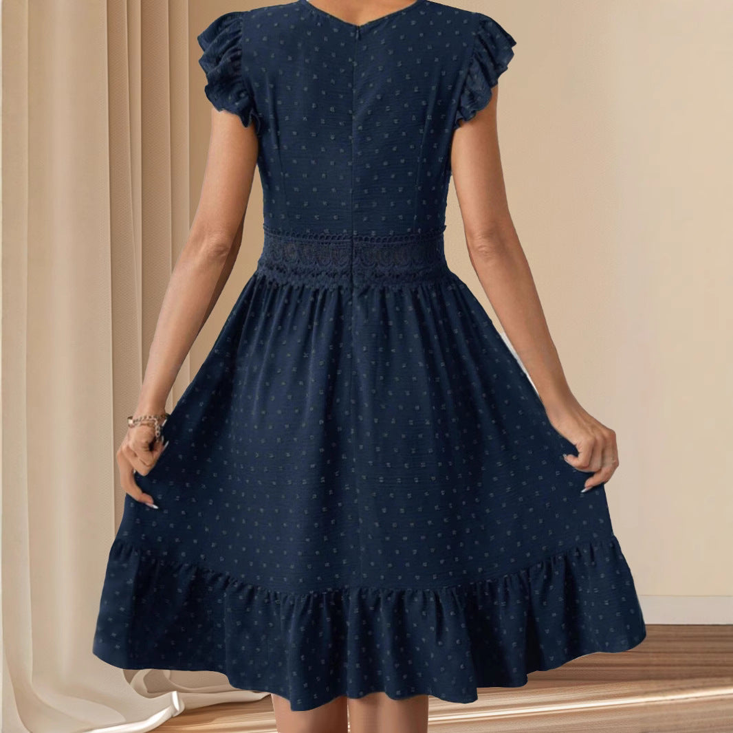 Lace Trimmed Pleated V-Neck Elegant Dress