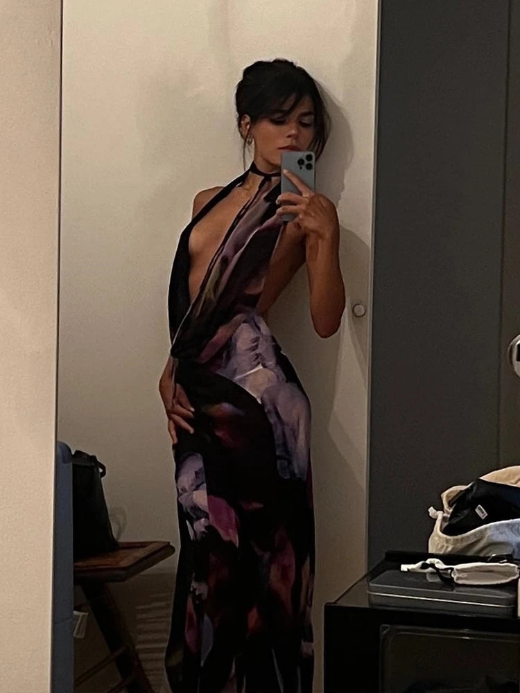 Backless Maxi Print Halter Bodycon Dress