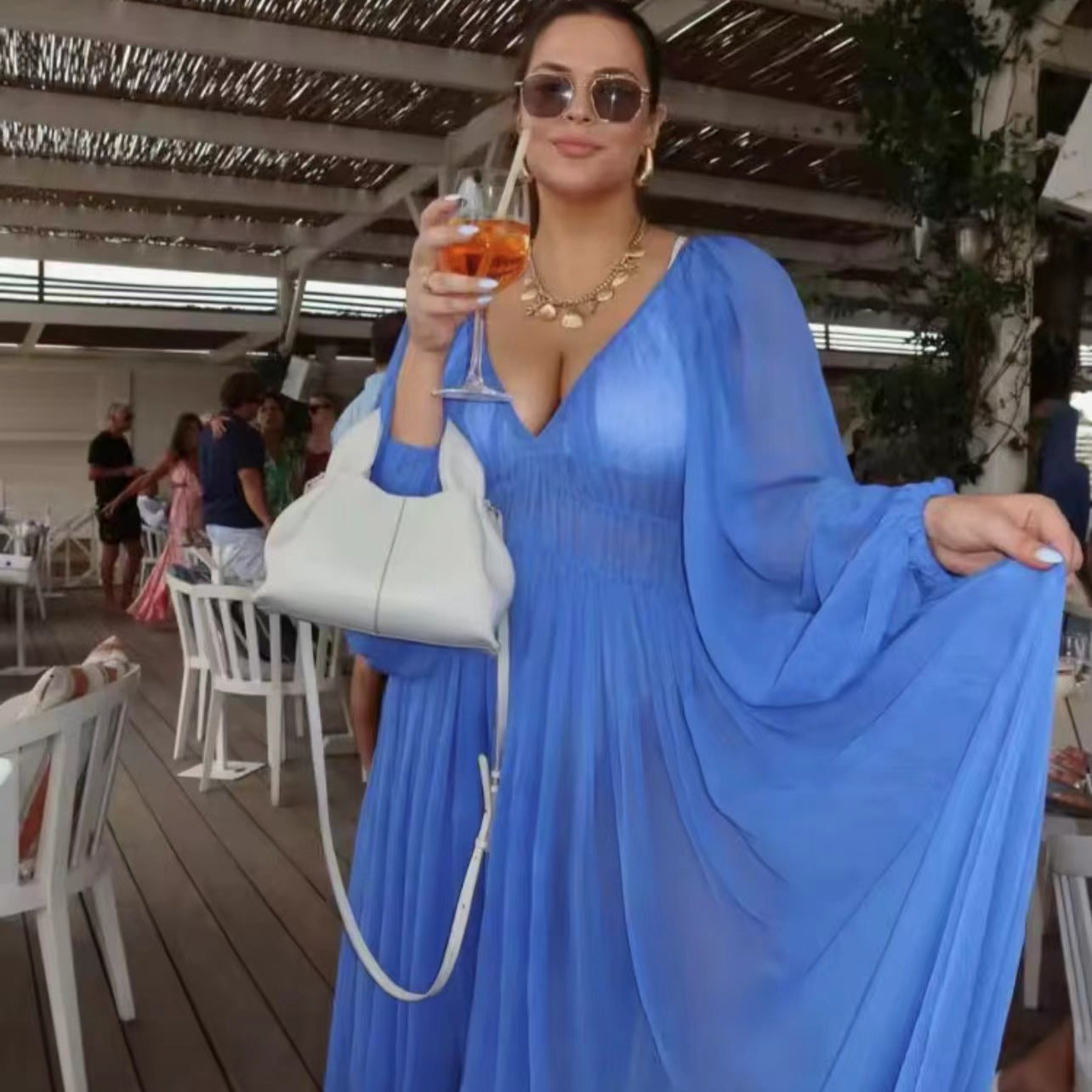Lantern-Sleeve Slimming Flared Dress