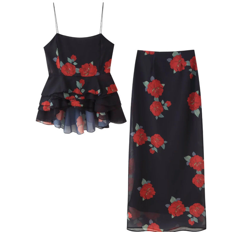 Floral Layered Skirt & Strap Top Outfit