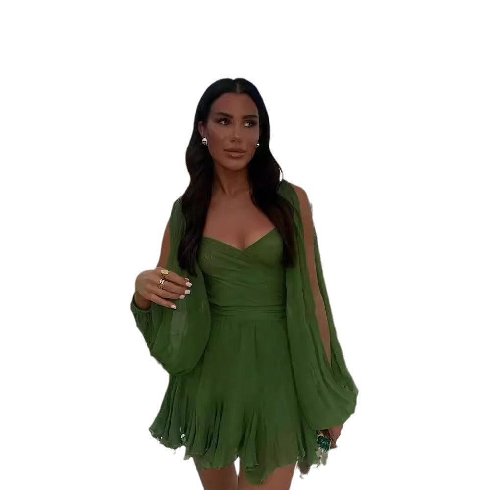 Hollow Lantern-Sleeve V-Neck Off-Shoulder Dress