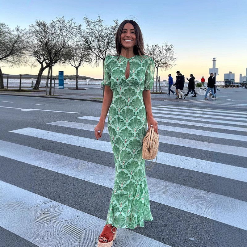 Hollow-Out Printed Tie-Back Backless Fitted Long Dress