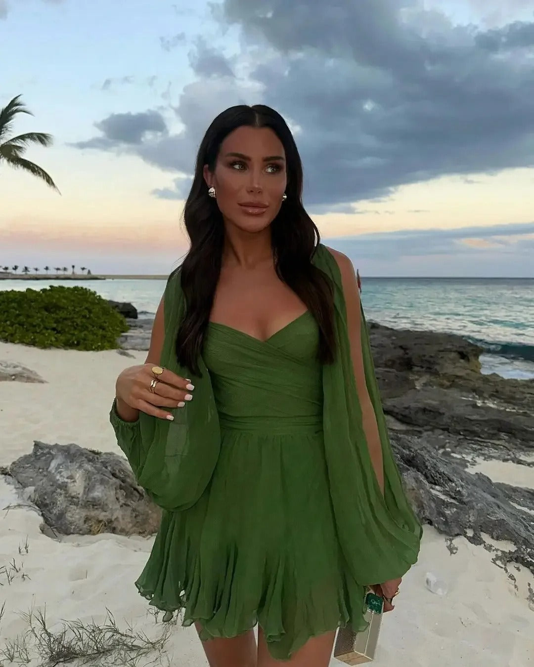 Hollow Lantern-Sleeve V-Neck Off-Shoulder Dress