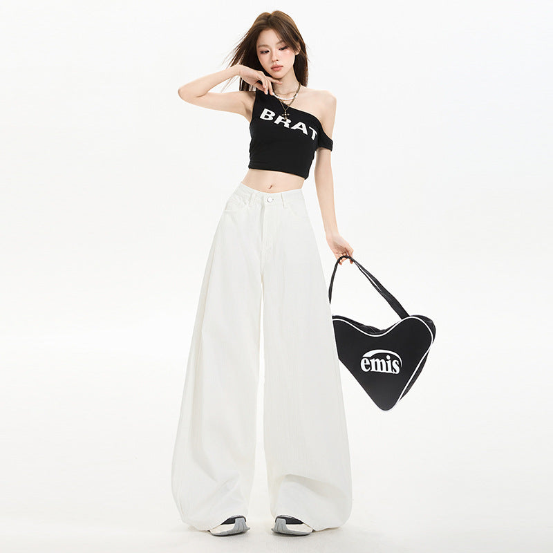High-Waist White Denim Wide-Leg Pants
