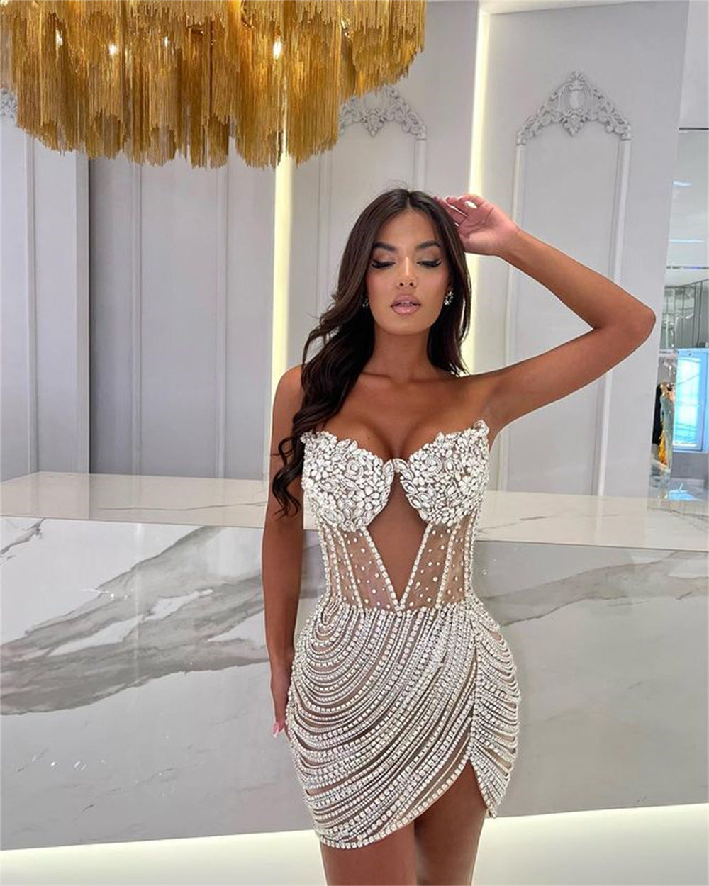 Off-Shoulder Diamond Chain Mini Dress
