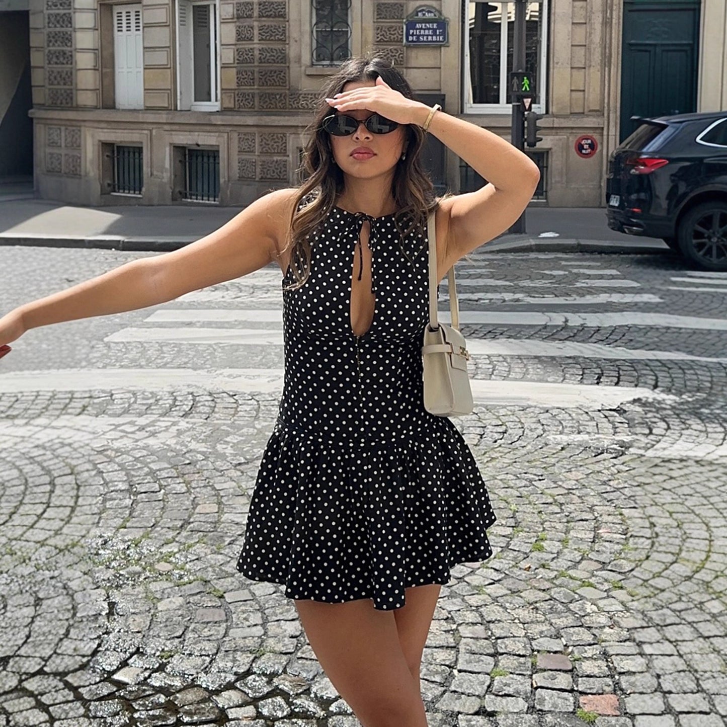 Deep V-Neck Hollow Lace-Up Polka Dot Dress