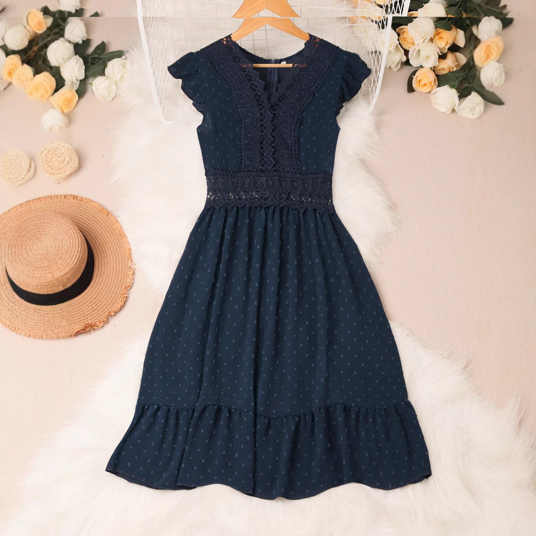 Lace Trimmed Pleated V-Neck Elegant Dress