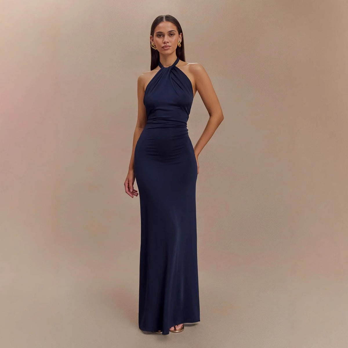 Fitted-Waist Halter Tight Dress With Belt