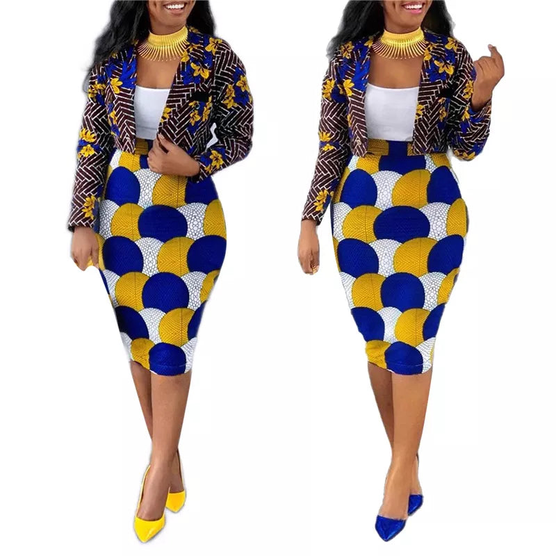 Two-Piece Goocheer Multicolour Women's Print Lapel Long-Sleeve -Jacket + High-Waist Knee-Dress