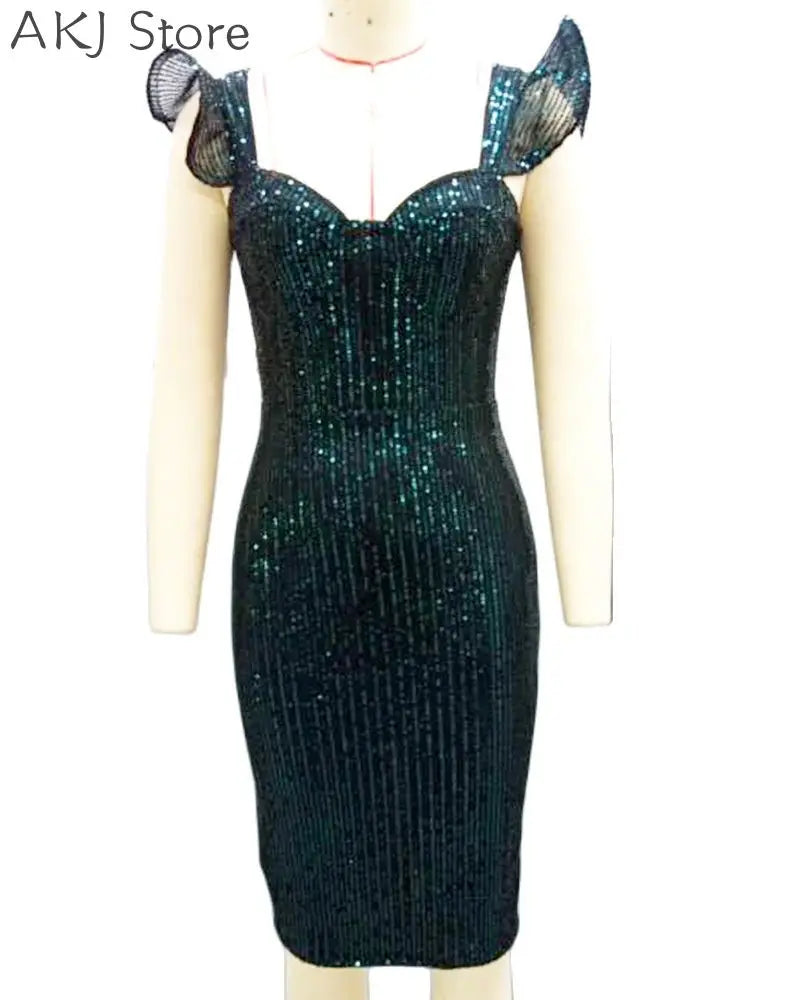 Sequined Flutter Sleeve Bodycon Split-Back Mini Dress