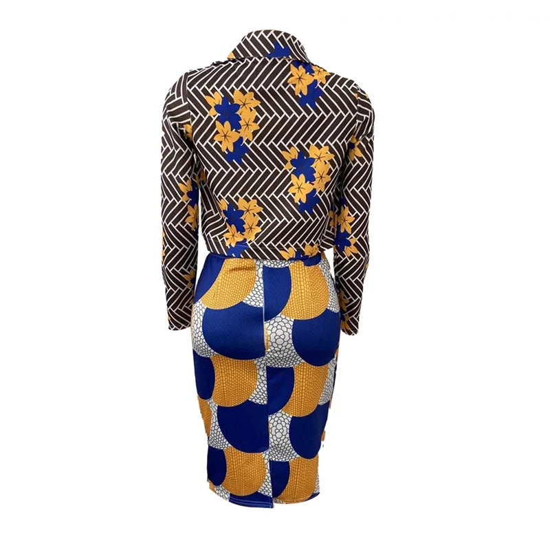 Two-Piece Goocheer Multicolour Women's Print Lapel Long-Sleeve -Jacket + High-Waist Knee-Dress