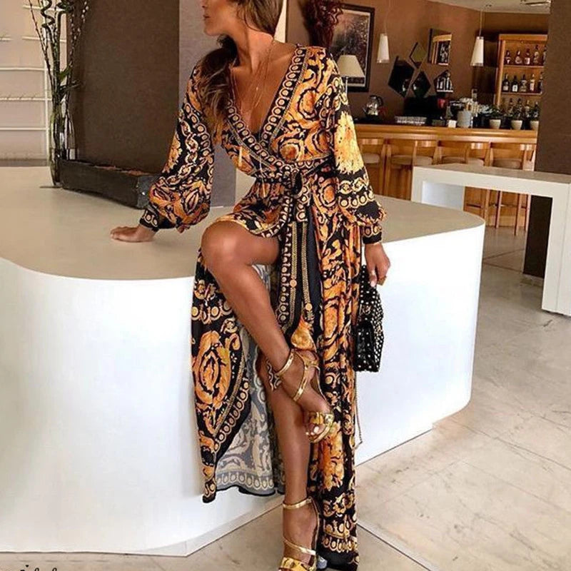 Boho Floral Long Sleeves Maxi Front Split Long Dress