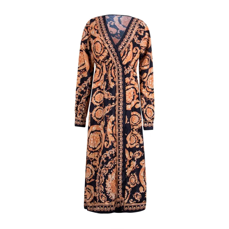 Boho Floral Long Sleeves Maxi Front Split Long Dress
