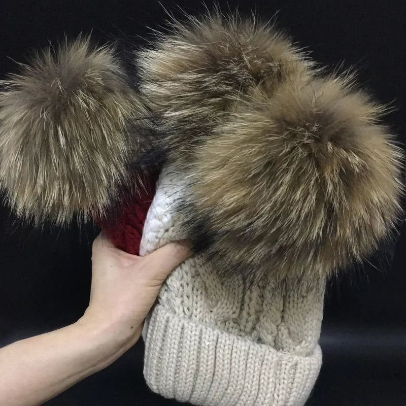 Raccoon Fur Pompom Hat For Women