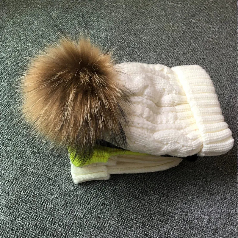Raccoon Fur Pompom Hat For Women