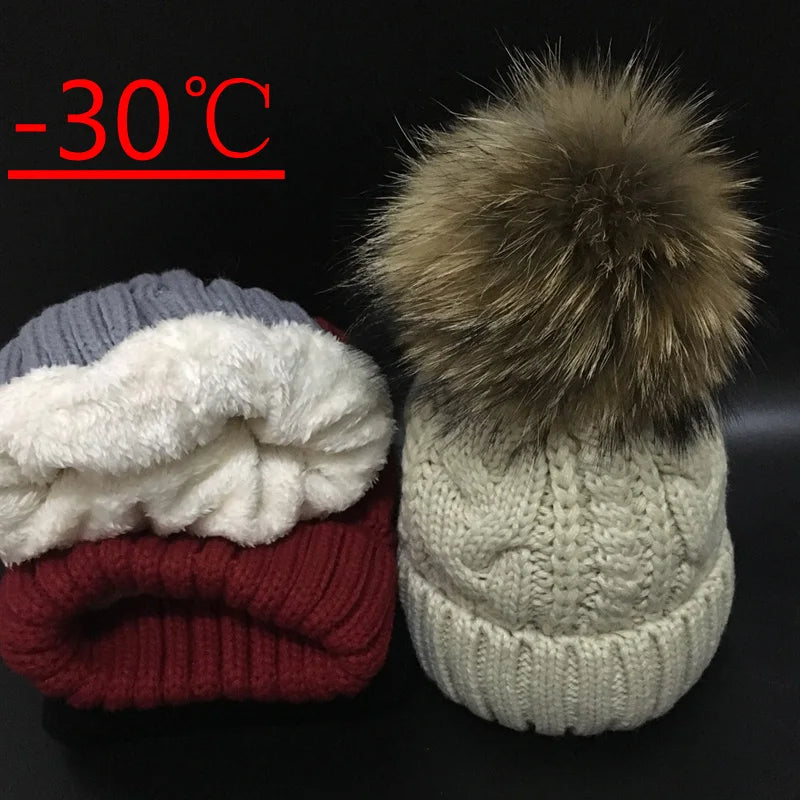 Raccoon Fur Pompom Hat For Women