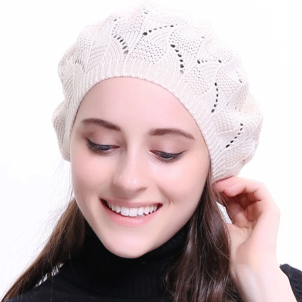 Plain-Colour Knit Beret Hat For Women