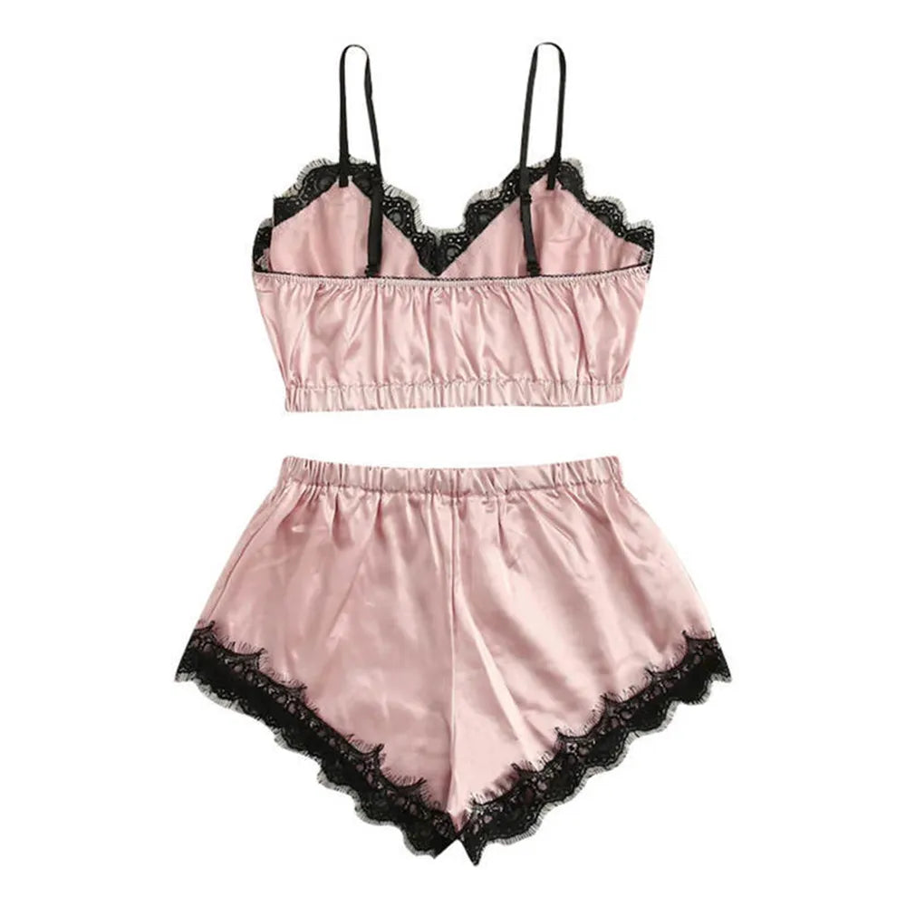 Lace Pyjama Set - V-Neck Sleeveless Hollow-Out Cami Top + Shorts