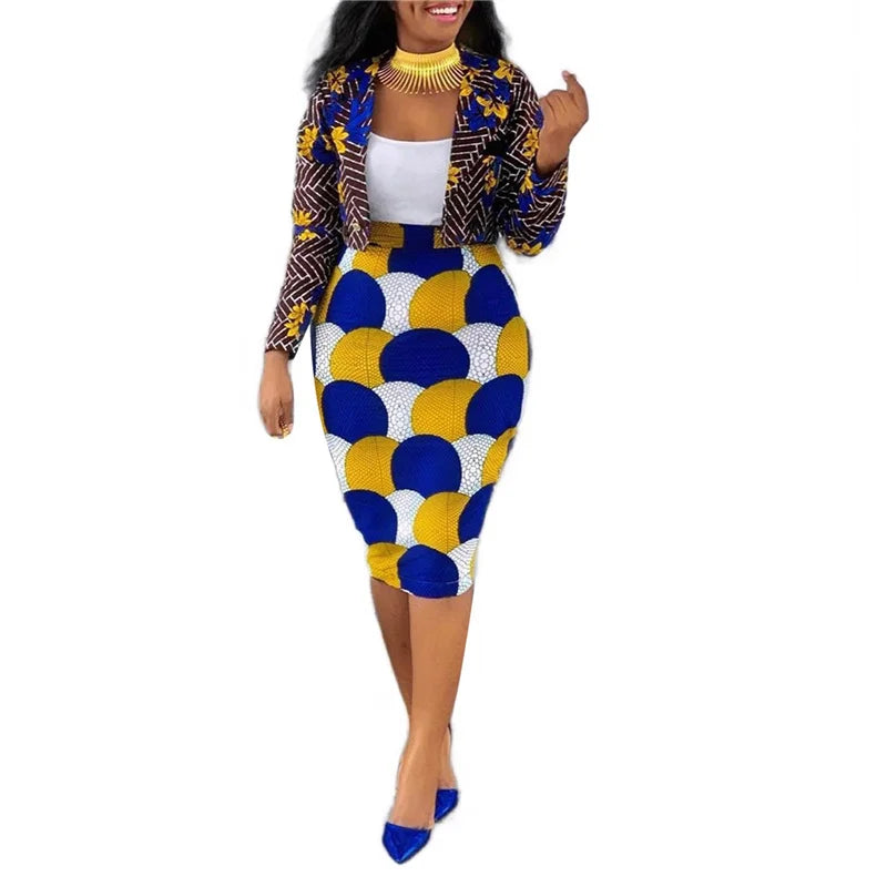 Two-Piece Goocheer Multicolour Women's Print Lapel Long-Sleeve -Jacket + High-Waist Knee-Dress