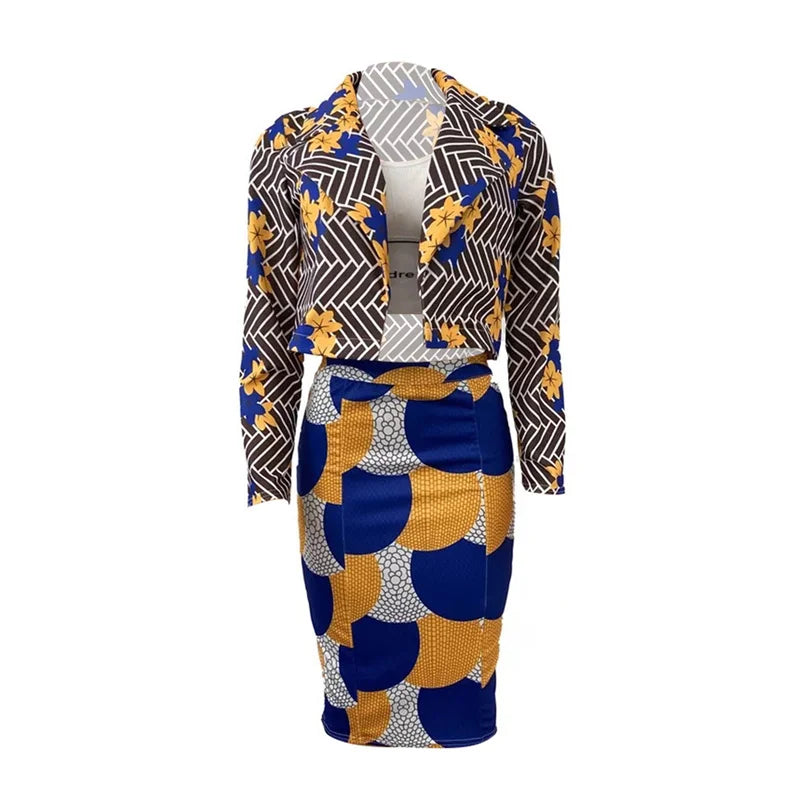 Two-Piece Goocheer Multicolour Women's Print Lapel Long-Sleeve -Jacket + High-Waist Knee-Dress