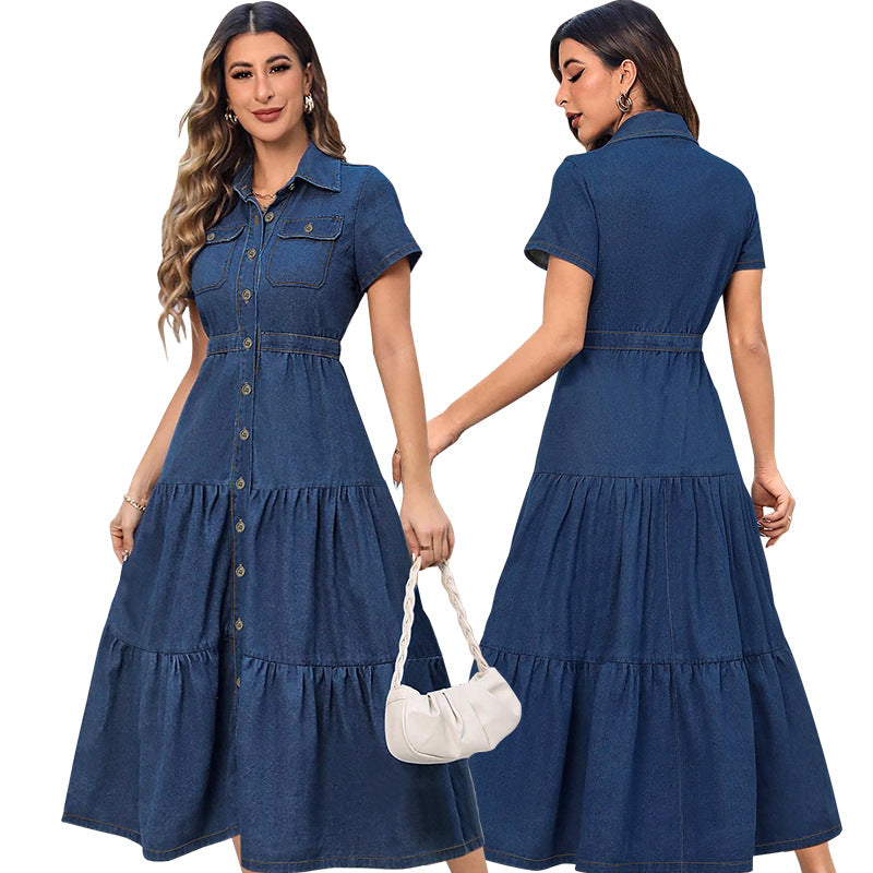 Denim Lapel Short-Sleeve Waist-Controlled Long Dress