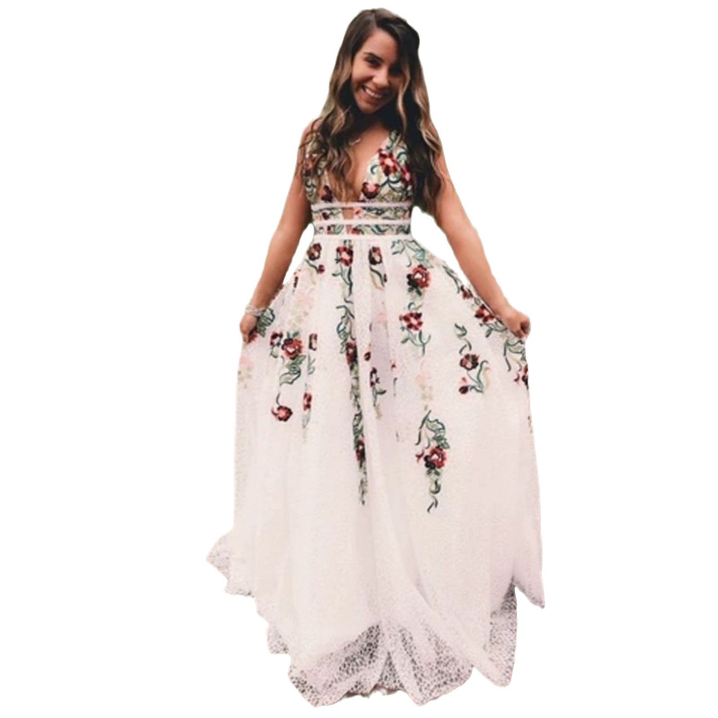 Backless Flower Decoration V-Neck Long Dress