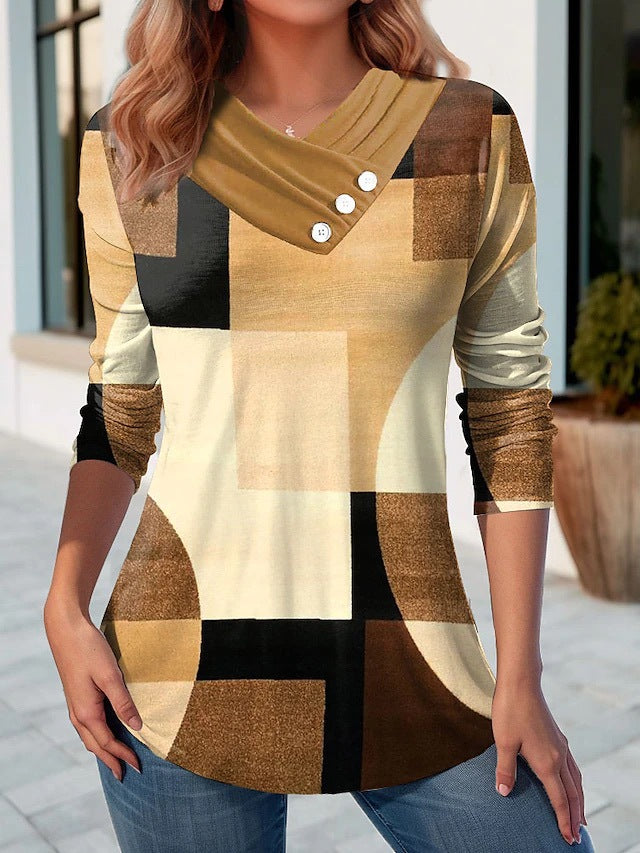 Geometric Stitching Contrast-Colour Women's V-Neck Jumper