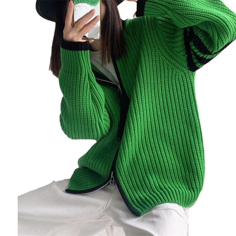 Contrast-Colour Striped Stitching Zipped Stand-Collar Sweater Coat