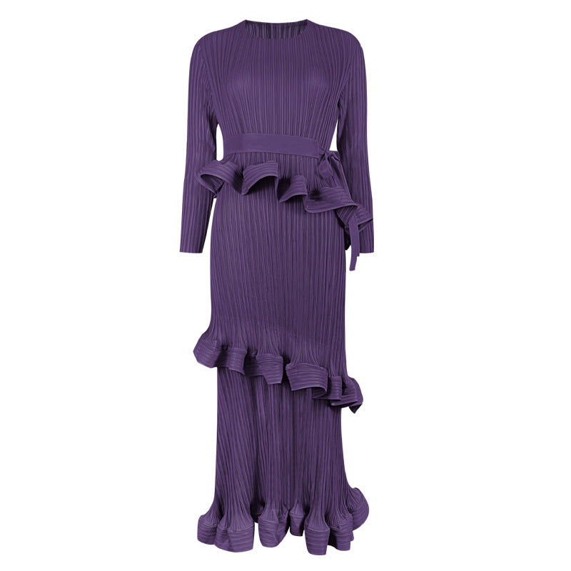Ruffled Long-Sleeve Lace-Up Midi Dress