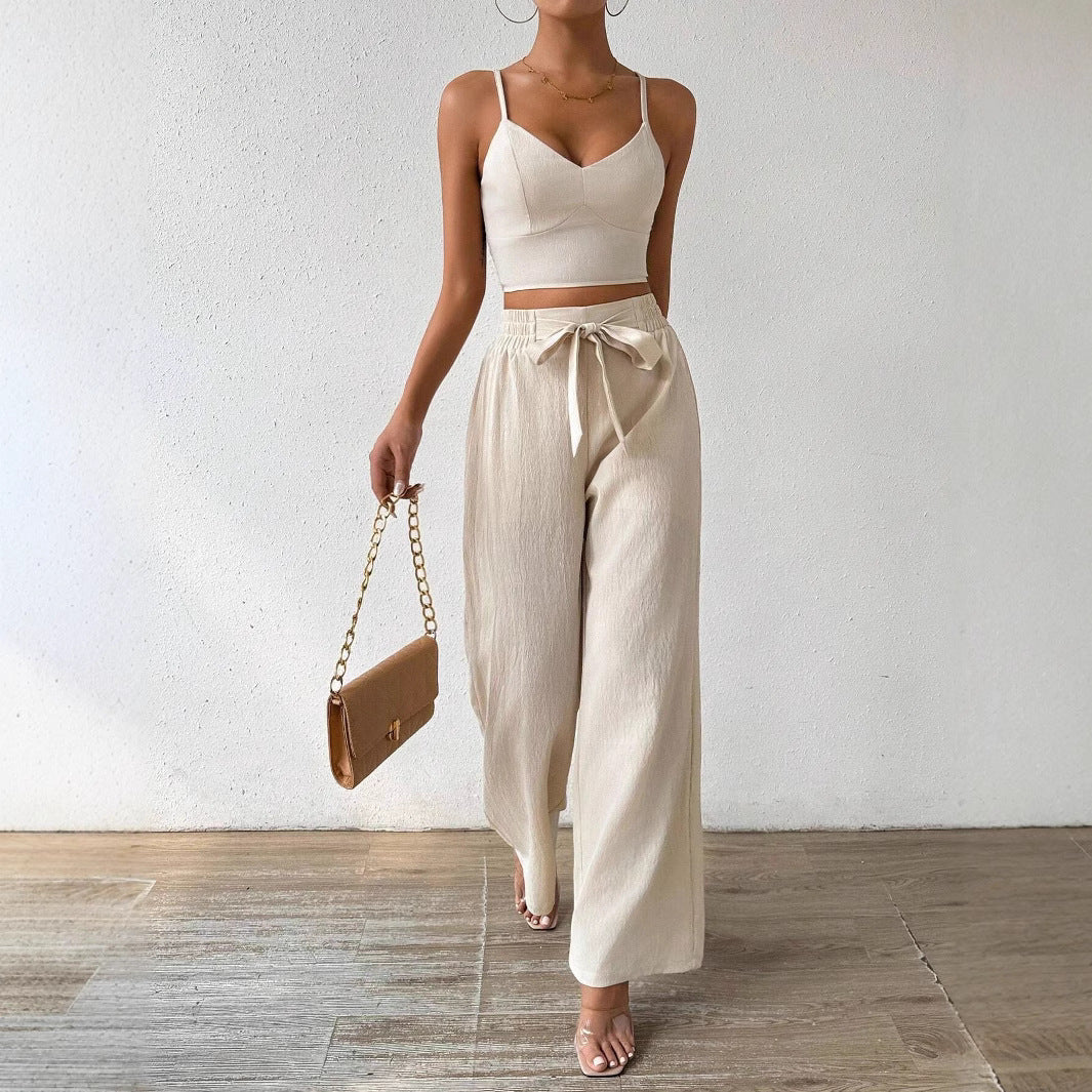 Women's Gathering Bra Cup With Top Stretchy Straight-leg Pants Holiday Casual Suit
