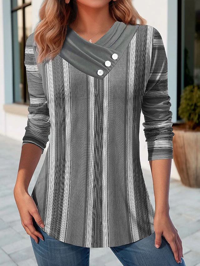 Geometric Stitching Contrast-Colour Women's V-Neck Long Sleeve