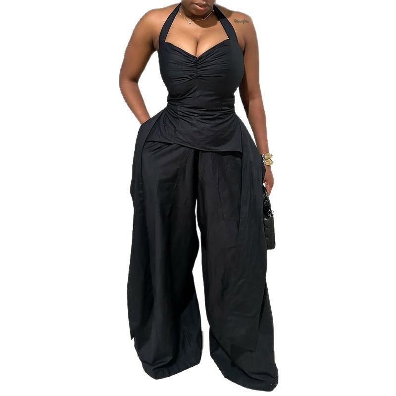 V-Neck Irregular Sleeveless High-Waist Ribbon Jumpsuit