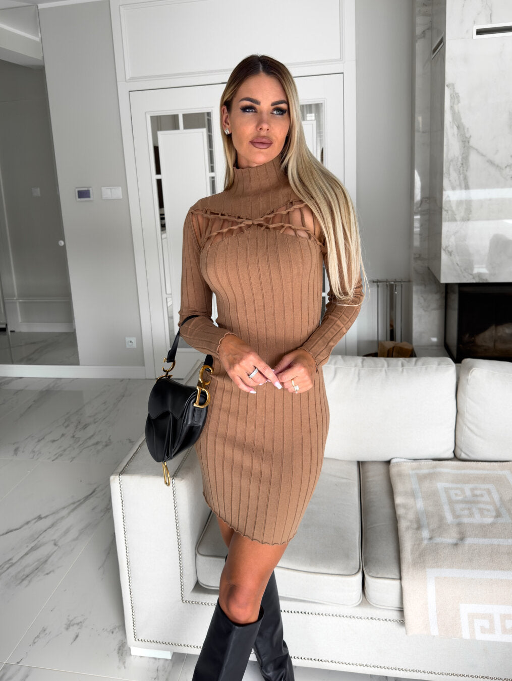 Sunken-Stripe Slim-Fit Slimming High-Collar Long-Sleeve Knitted Dress