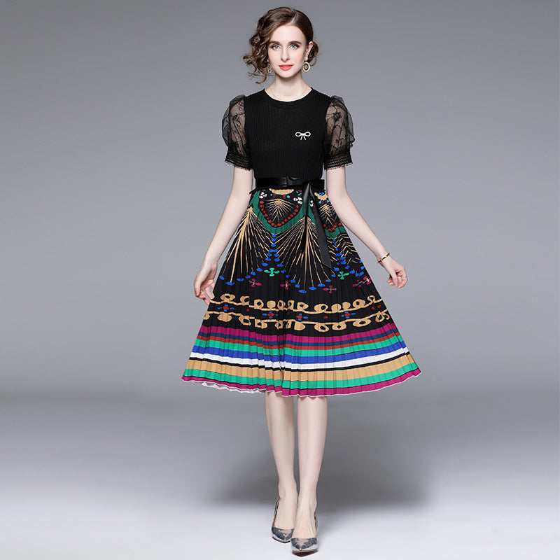 False Two-Piece Mesh Stitching Printing Dress