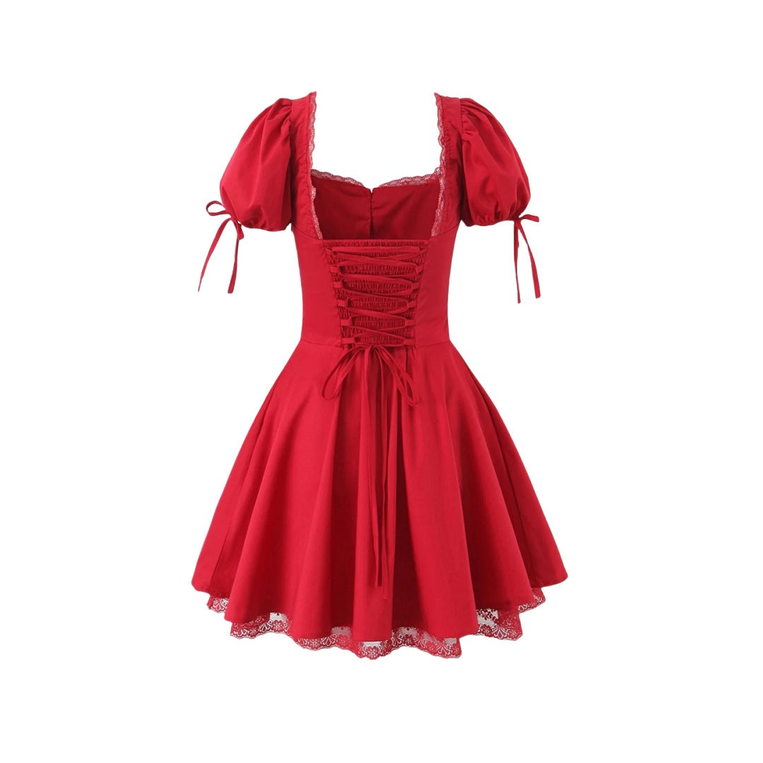 Lace Puff Short-Sleeve Mini Dress