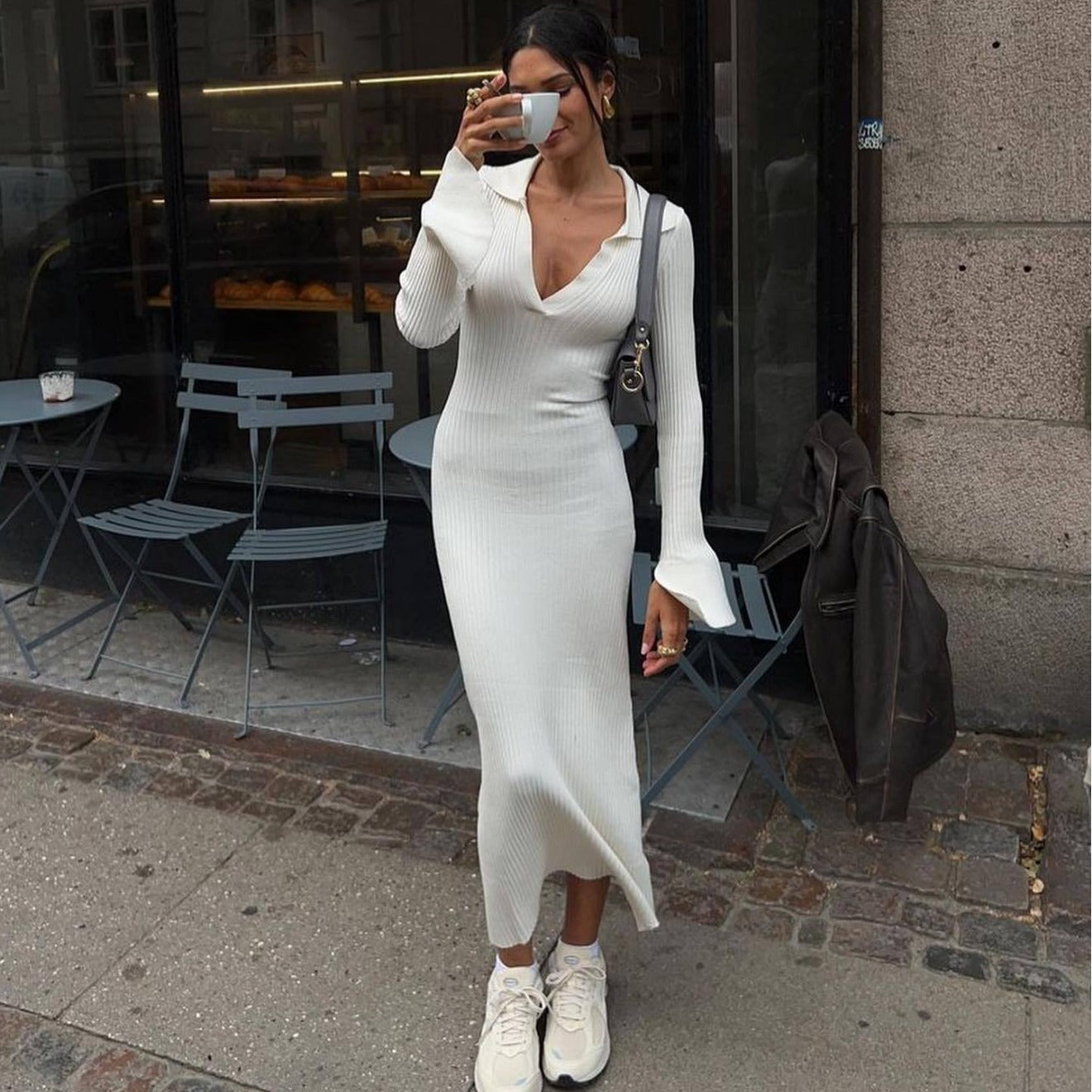 Long-Sleeve Women's Knitted Deep-V Dress