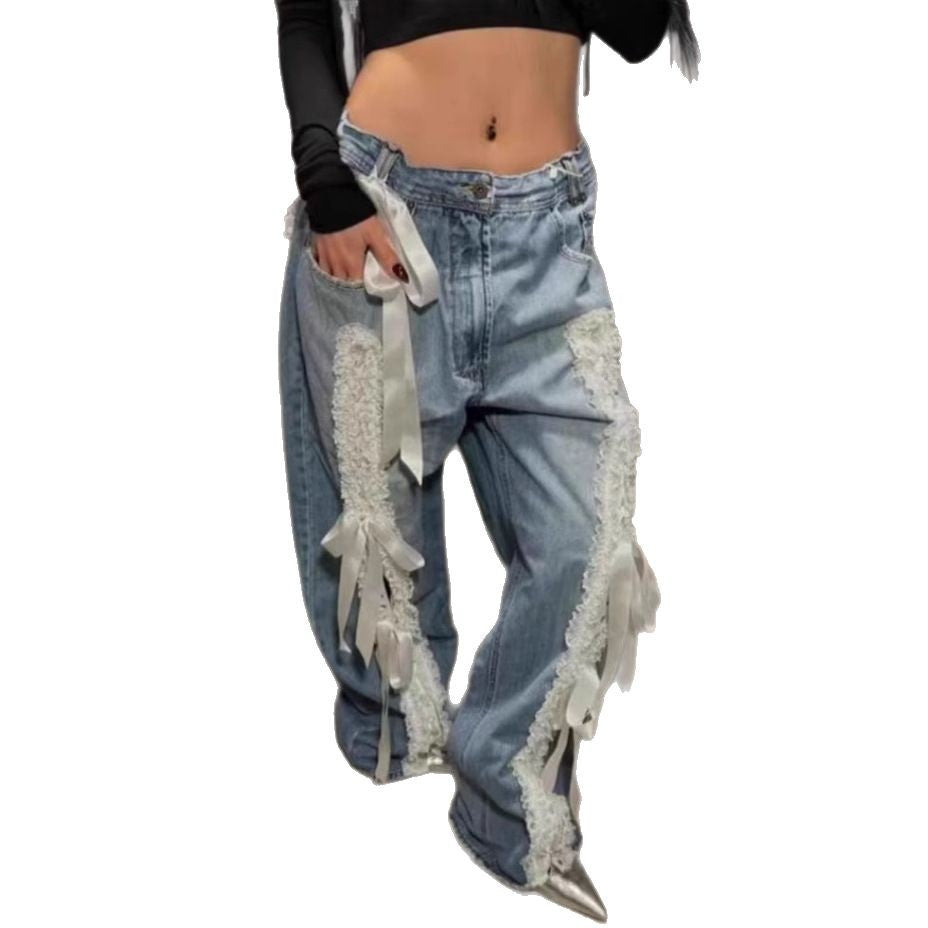 Women's Retro Lace-Stitching Denim Trousers