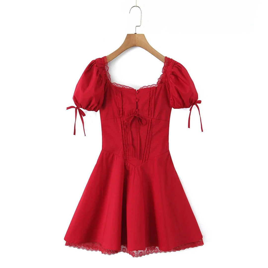 Lace Puff Short-Sleeve Mini Dress