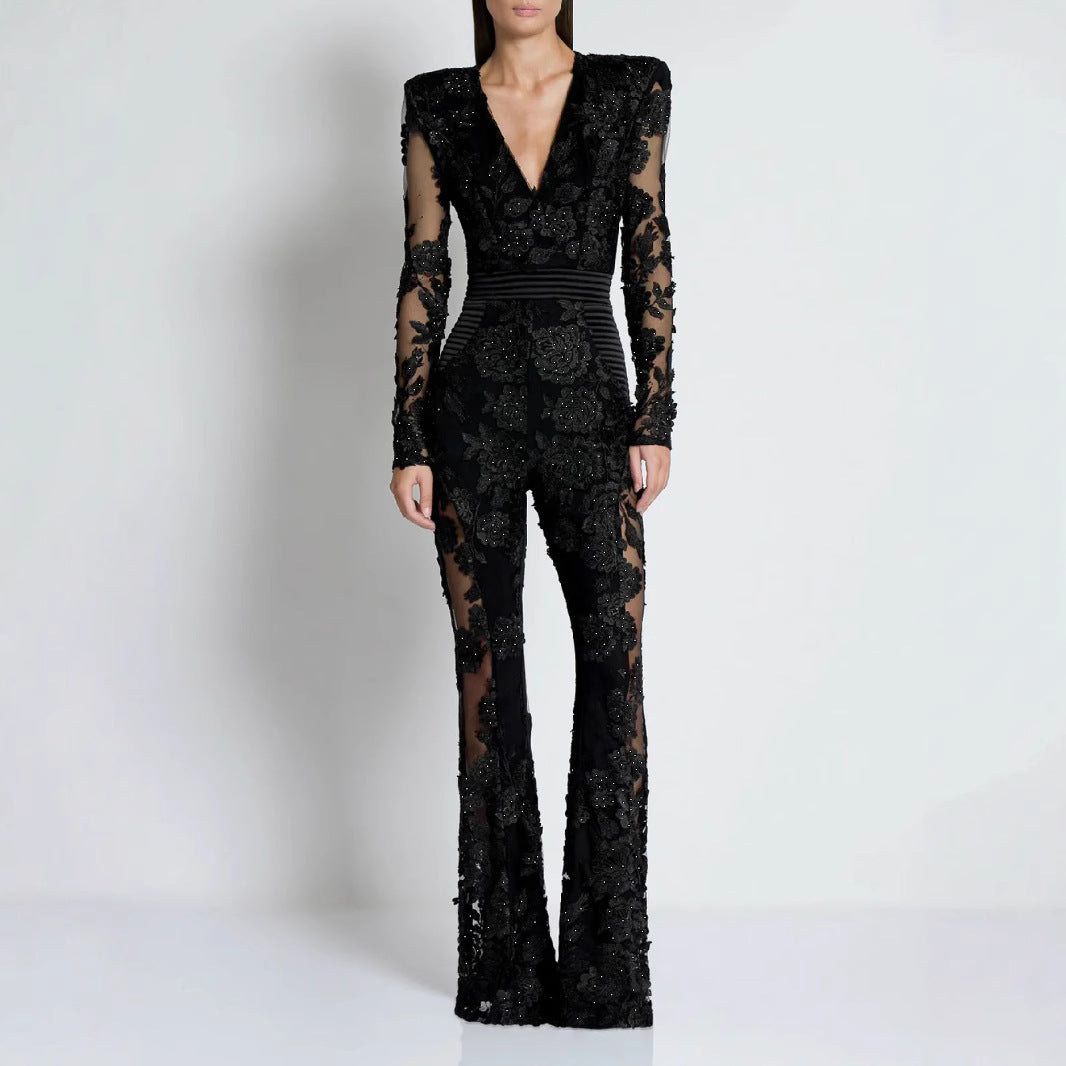 Lace Rhinestone Long-Sleeve Evening Jumpsuit