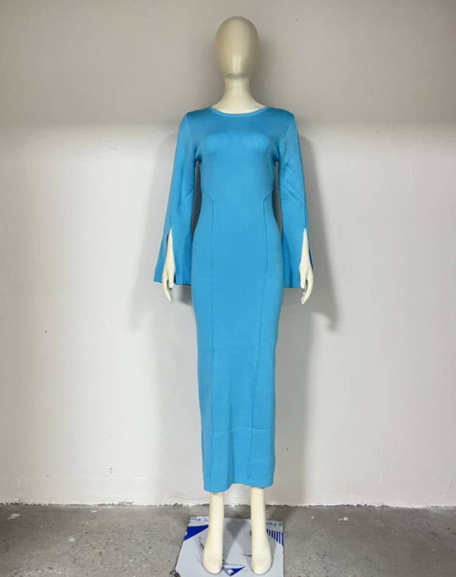 Bell-Sleeve Slim Round-Neck Knitted Dress
