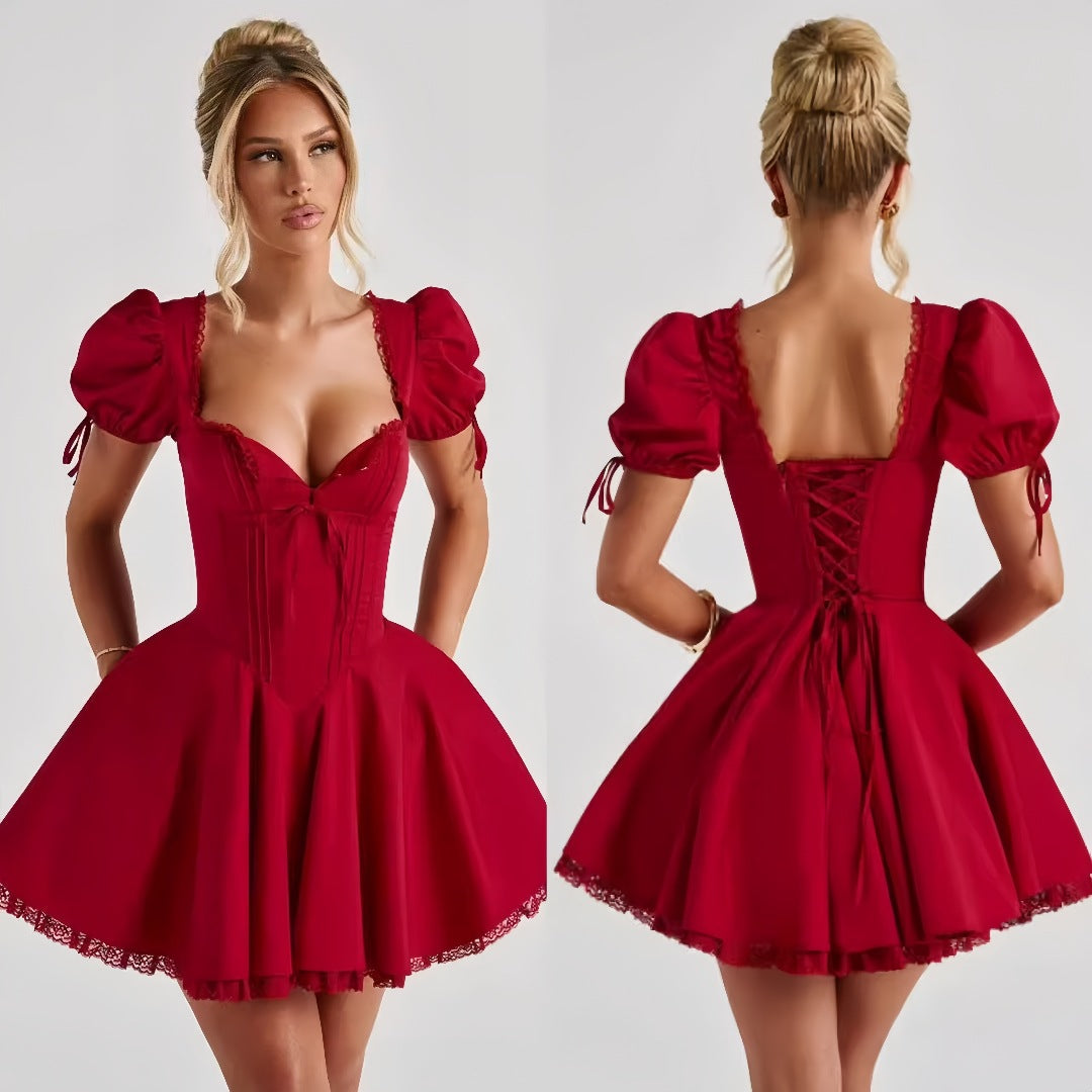 Lace Puff Short-Sleeve Mini Dress