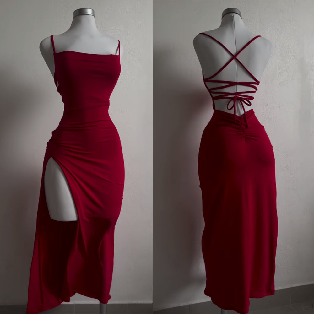 Women's Lace-up Backless Slit Dress Long Dress