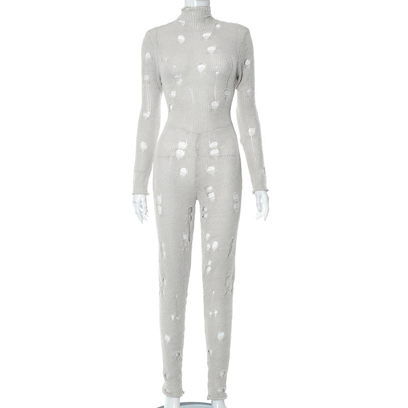 Women's Solid-Colour Casual Long Sleeves Wool Lace-Up Ripped Slim-Fit Long Conjoined Trousers